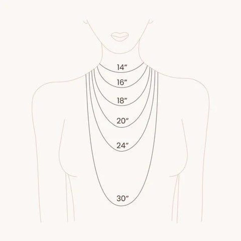 Puede incluir: Ilustraci&oacute;n del torso y cuello de una mujer con varios collares de diferentes longitudes. Los collares est&aacute;n etiquetados con sus longitudes: 35,5 cm, 40,6 cm, 45,7 cm, 50,8 cm, 61 cm y 76,2 cm. La imagen es en blanco y negro.
