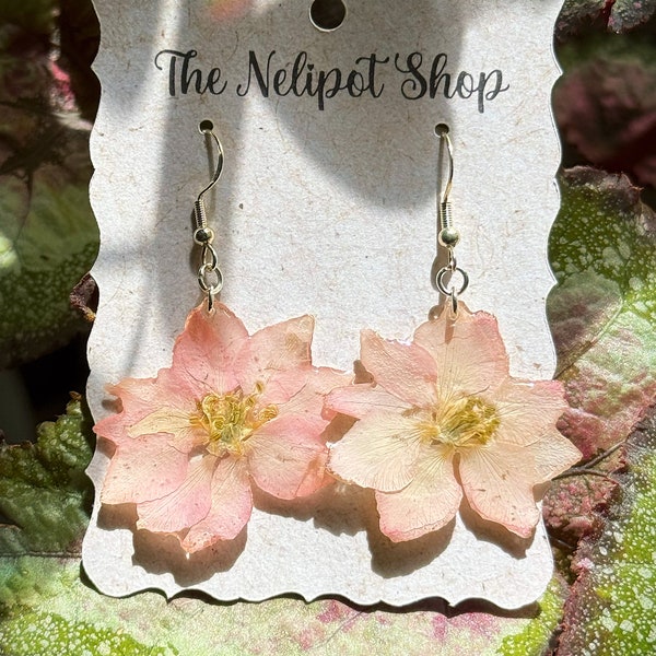 Real Pink Larkspur Flower Earrings, Mountain Flowers, Real Flower Jewelry, Resin Earrings, Botanical Earrings, Spring, Pink Flowers, Montana