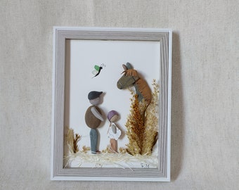 Horse family portrait, handmade horse pebble, framed horse, horse pebble art, horse lovers gift, gift dad, country house decor, kid room art