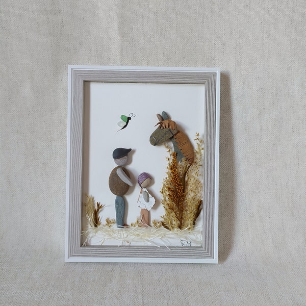 Horse family portrait, handmade horse pebble, framed horse, horse pebble art, horse lovers gift, gift dad, country house decor, kid room art