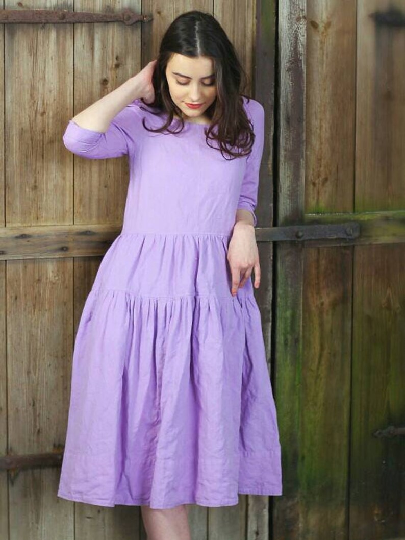 Lin Une Les Lila À Jupe Volants Manches Longues Ample Robe Femmes Et Boho Tunique Blouse Niveaux Vêtements En Plusieurs Pour wOk08Pn