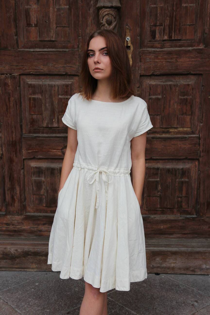 White Linen Summer Dress With Open Back and Full Skirt With | Etsy