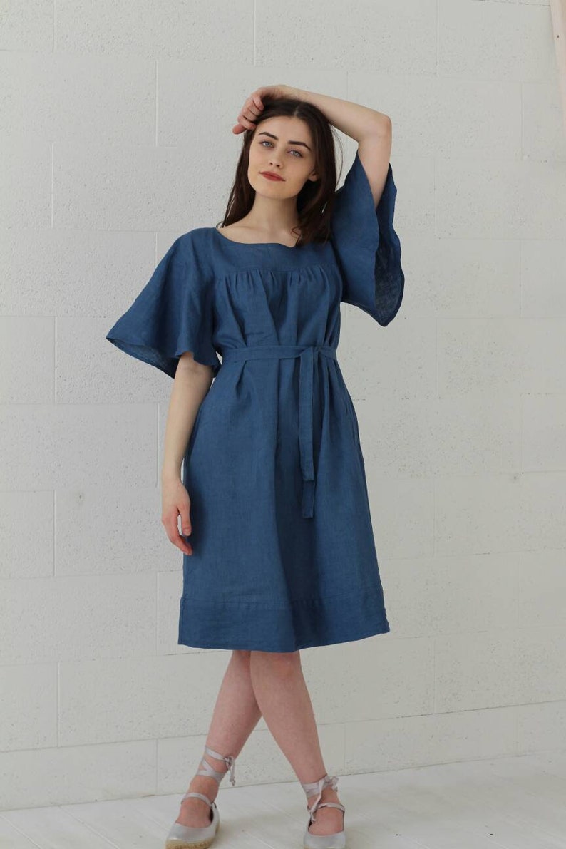 Blue Linen Oversized Dress With Wide Sleeves Linen Clothes for | Etsy