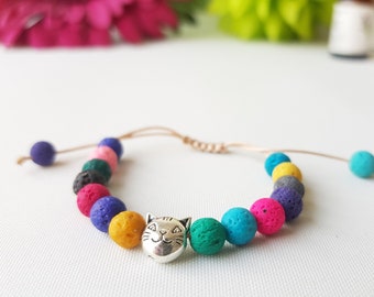 Kids anxiety bracelet, oil diffuser, adjustable colorful aromatherapy lava stone bracelet with cat