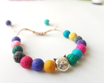 Kids anxiety bracelet, oil diffuser, adjustable colorful aromatherapy lava stone bracelet with cat