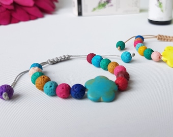 Worry stone bracelet for kids, children aroma bracelet with flower, oil diffuser, adjustable colorful lava bracelet, anti stress jewelry
