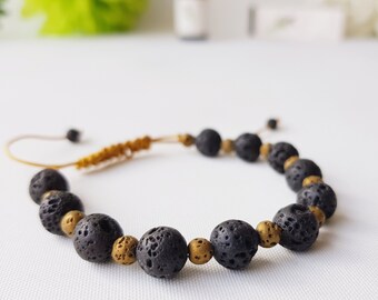 set of two anti stress jewelry Christmas Couple aroma bracelets black and gold volcanic lava stone essential oil diffuser gift for couple