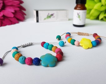 Children aroma bracelet with flower, oil diffuser, adjustable colorful lava stone bracelet, anti stress jewelry, gift for teenager, girl