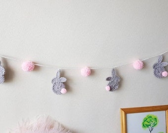 Bunny garland, rabbit bunting with pompoms, nursery decoration, spring wall hanging, photo prop, baby shower wall decor, pink, blue pompoms