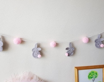 Crochet Bunny Garland with Pompoms, Nursery Decor