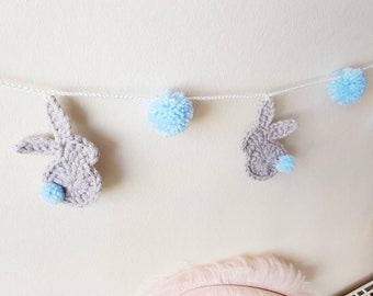 Bunny garland,  blue rabbit bunting with pompoms, nursery decoration, spring wall hanging, photo prop, baby shower wall decor, with pompoms
