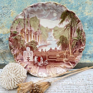 Antique 19th C Middle Eastern Persian Palace Scene Mountains & Waterfall Coloured Transfer Ware Decorative Ironstone Plate Aesthetic School