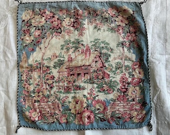 Antique Original Large Cotton Cushion Cover With Country Cottage & Cottage Garden Decoration ~ Cottage Core Decor