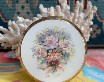 Vintage Stratton Powder Compact Gilt Brass And Floral Bouquet Enamel Decoration ~ Interior Mirror ~ Excellent Condition