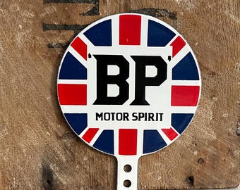 Quality Heavy Vitreous Porcelain Enamel Union Jack 'BP' Motor Spirit Retro Antique Style Advertising Wall Sign