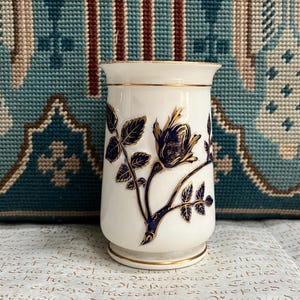 Antique Victorian Royal Worcester Porcelain Vase Embossed Floral Blue Rose & Gilt Decoration On A White Ground Dated 1879