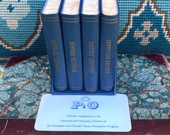 Set 4 Vintage P&O Cruise Ship Desk Set Of Cased Miniature 'Midget' Dictionaries ~ English Dictionary ~ English To Spanish, French, Italian