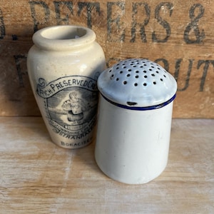 Vintage 1930S White & Blue Enamel Flour Sifter, Sugar Sifter, Farmhouse Kitchen Decor