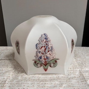 Antique Pretty Art Deco Milk Glass Fluted Hexagonal Ceiling Pendant Light Shade/Table Lamp Shade Decorated With Lilac Flowers