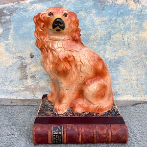 Antique 19th C Victorian Large 33 cm Russet Staffordshire Spaniel Dog ~ Wally Dog With Glass Eyes~ Mantle Decor ~ Hand Painted C.1860