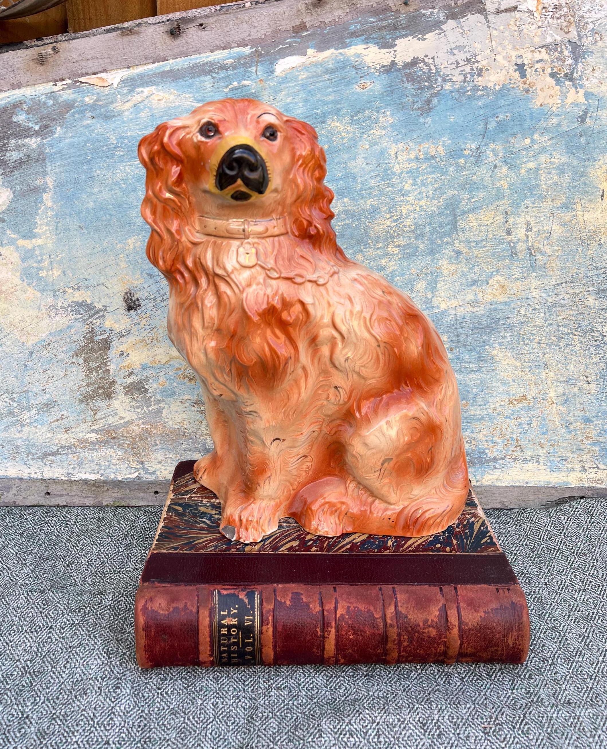 Antique 19th C Victorian Large 33 cm Russet Staffordshire Spaniel Dog  Wally Dog With Glass Eyes~ Mantle Decor Hand Painted