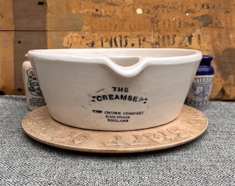 Antica ciotola "The Creamsep" della Royal Doulton, pubblicità inglese, epoca edoardiana del 1900 circa, "The Churn Company" Ironstone Grocers, separatore di panna