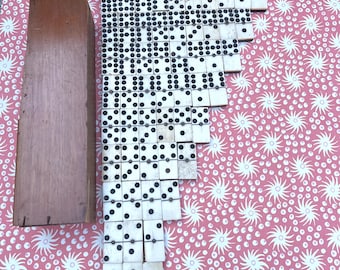 Complete Double Nine Set Of Antique Bovine Bone & Ebony Brass Riveted Dominoes 55 Tiles