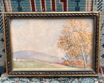 Antique Small Miniature Giltwood Framed English Watercolour Painting Countryside Landscape With Figure & Dog 16 cm x 11 cm