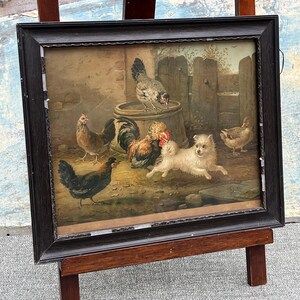 Antique Original 19th C. Delightful Victorian Oleograph Print Terrier Dog With Chickens & Ducks In Original Distressed Frame
