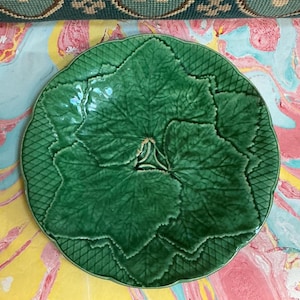 Plato de hoja de mayólica verde Gien Primefleur francés vintage