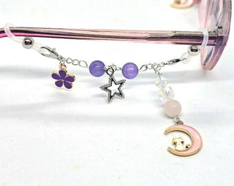Pink and Purple Moon Cat Deluxe Silver Eyeglass Charm Set, Set of 2