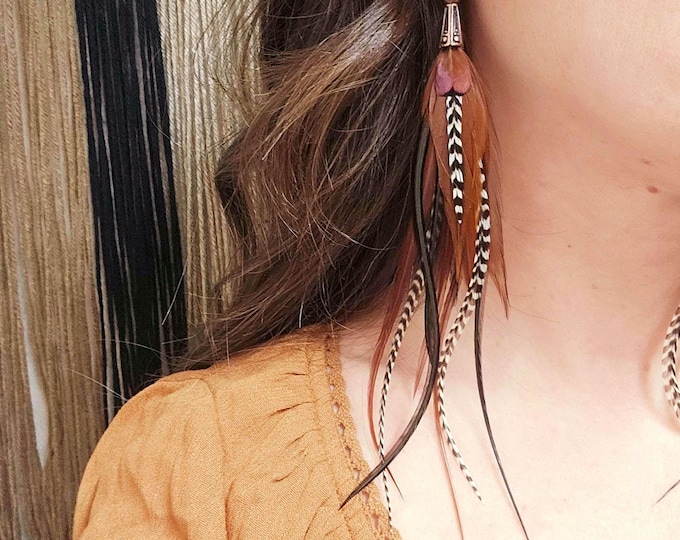 Brown Feather Earrings: long feather earrings, brown boho jewelry