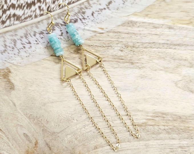 Stacked Amazonite Dangle Earrings: amazonite jewelry, art deco triangle earring, dainty chain earring, art deco earring, boho chic jewelry,