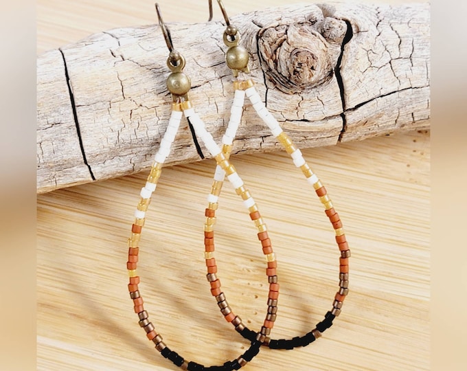 Seed Bead Teardrops, brown beaded earrings, boho earrings, western earrings, beaded hoops, gifts for her, fall earrings, seed bead earring