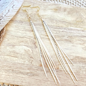 Long White Feather Earrings, Bohemian Style, Gold Chain