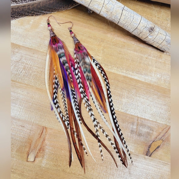 Long Feather Earrings/ statement earrings/ southwestern earrings/ boho feather earrings/ fall feather earrings/ wedding earrings/ fall gift