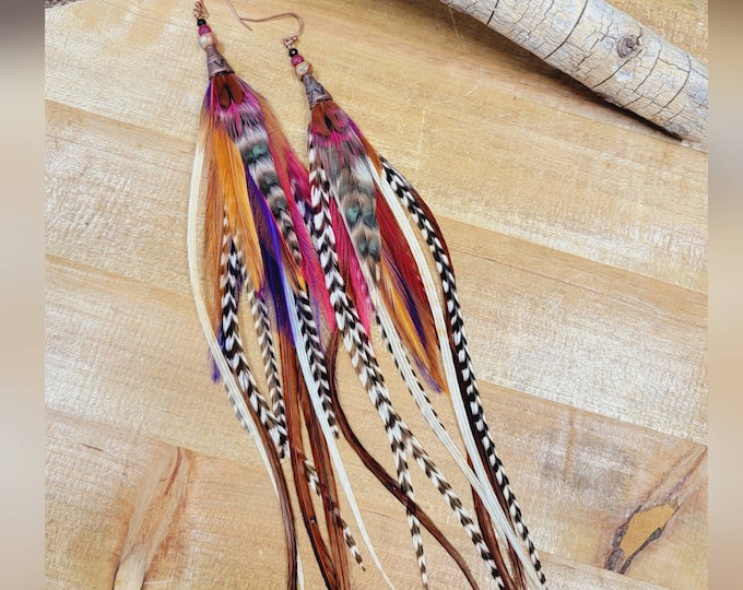 Long Feather Earrings/ statement earrings/ southwestern earrings/ boho feather earrings/ fall feather earrings/ wedding earrings/ fall giftC