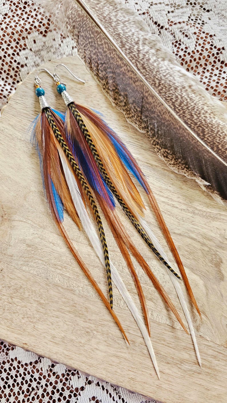 Blue Feather Earrings, blue boho jewelry, long feather earrings, brown and blue jewelry, western accessories image 4