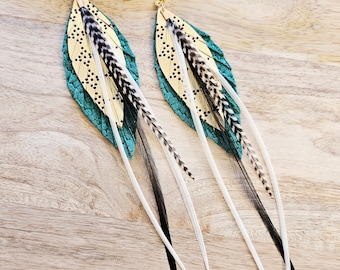 Teal Leather Feather Earring, feather earring, leather earring, gold earring, boho earring, western earring, statement earring, gift for her