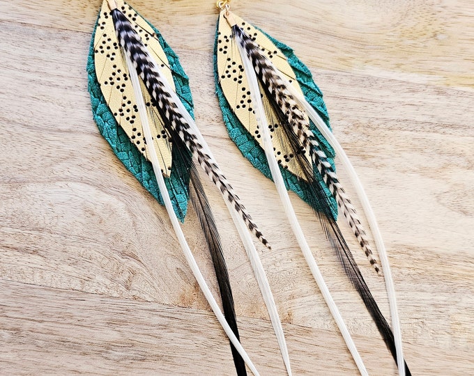 Teal Leather Feather Earring, feather earring, leather earring, gold earring, boho earring, western earring, statement earring, gift for her