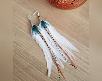 Feather earrings, real feather earrings, bohoemian earrings, western earrings, hippie earrings, gypsy earrings, white feather earrings