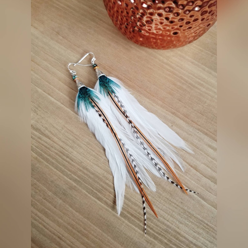 Feather earrings, real feather earrings, bohoemian earrings, western earrings, hippie earrings, gypsy earrings, white feather earrings image 1