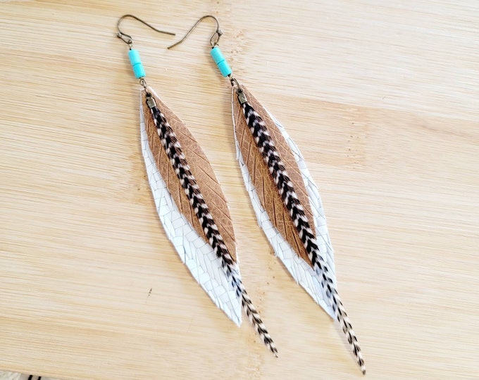 Leather Feather Earrings/ fringe leather earrings/ turquoise earrings/ boho earrings/ statement earrings/ tan earrings/ white earrings/ gifC