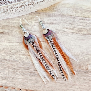 Feather earrings, real feather earrings, boho earrings, brown feather earrings, white feather earrings, fall earring, gifts for her, western