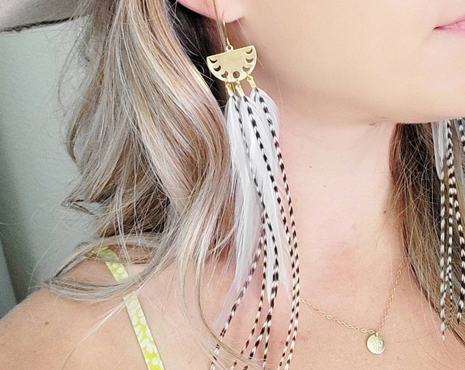 Long Feather Earrings/ Moon Phase earrings/ boho earrings/ western earrings/ boho wedding earrings/ southwestern earrings/ boho gifts