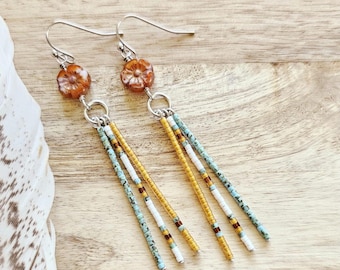 Floral Seed Bead Earrings: seed bead jewelry, turquoise flower earring, colorful beaded jewelry, red beaded earrings, amber beaded jewelry