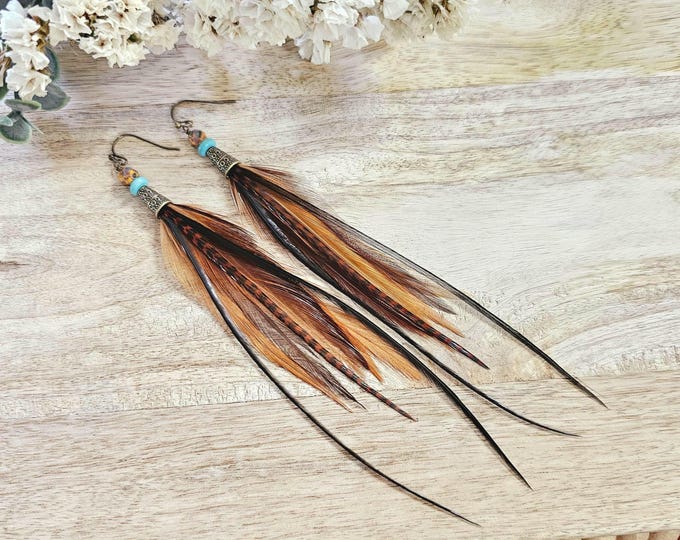 Spiced Honey Feather Earrings, brown feather earrings, natural earrings, winter boho earrings, feather earrings, hippie gifts, turquoise
