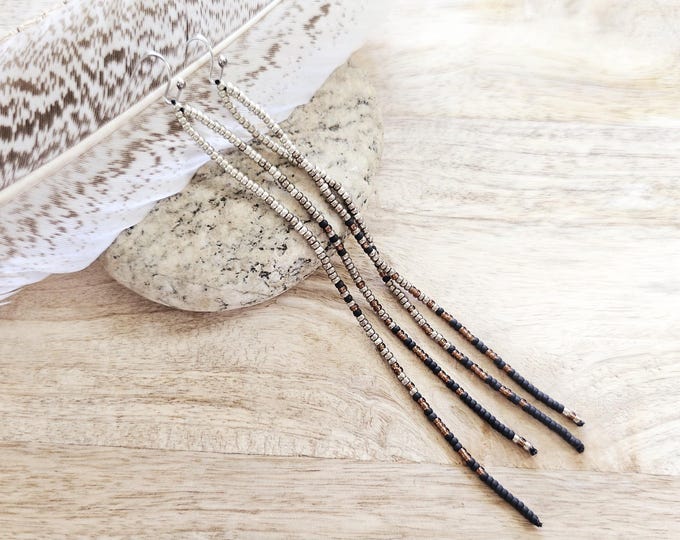 Metallic Fringe Earrings, seed bead earrings, long beaded earrings, concert earrings, ombre beaded earrings, long black beaded earring, boho