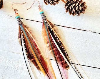Feather earrings/ brown feather earrings/ real feather earrings/ long feather earrings/ black feather earrings/ bohemian jewelry, boho gift