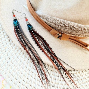 Long Feather Earrings/ black boho earrings/ southwestern earrings/ western earrings/ real feather earrings/ brown feather earring/ boho gift